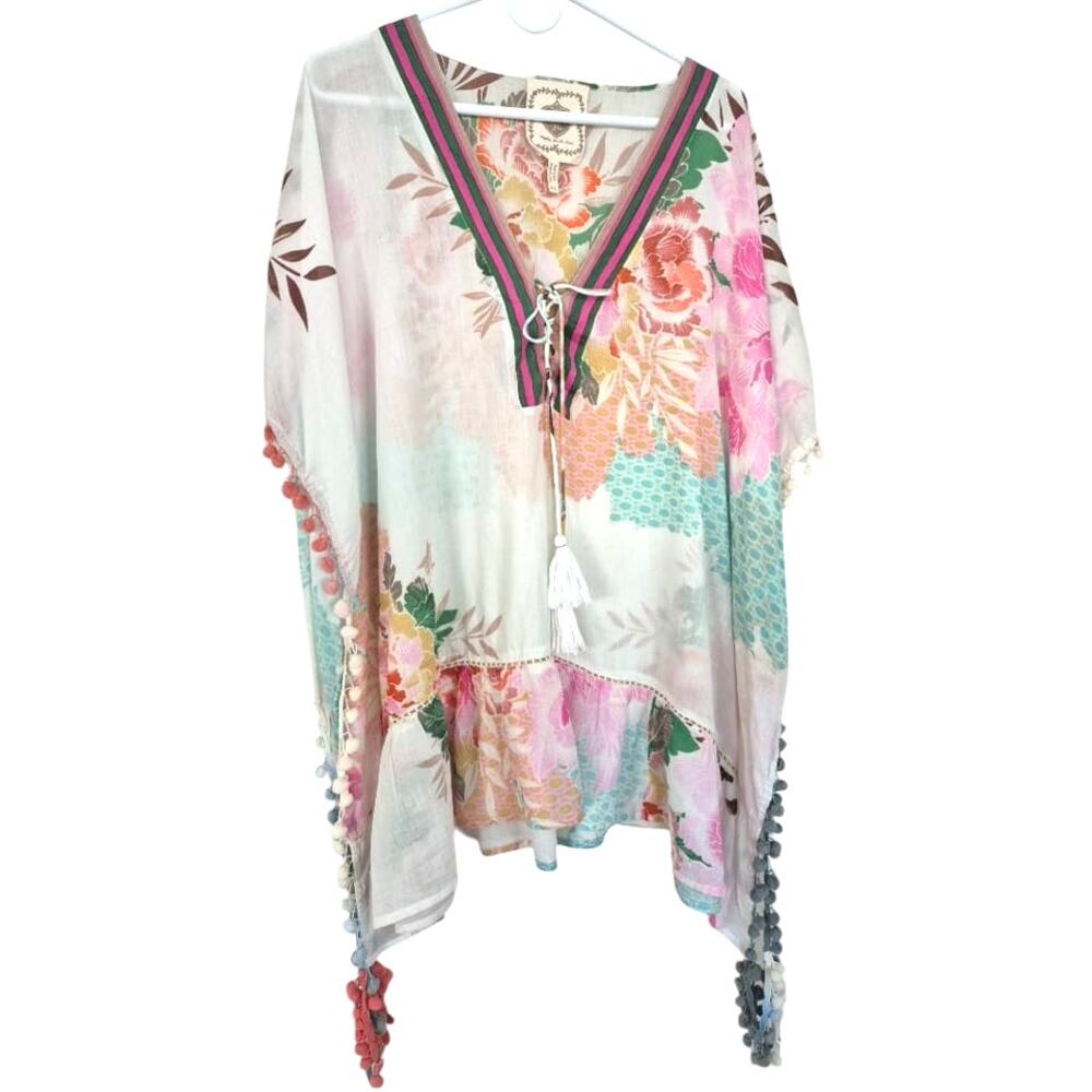 Z & L Beach Coverup Floral Pom Pom Boho Caftan One Size Swim Vacation Cotton